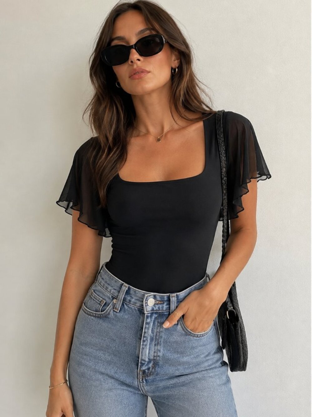 MANGOPOP Black Flutter Sleeve V-Neck Bodysuit Size L NWT Square Neckline